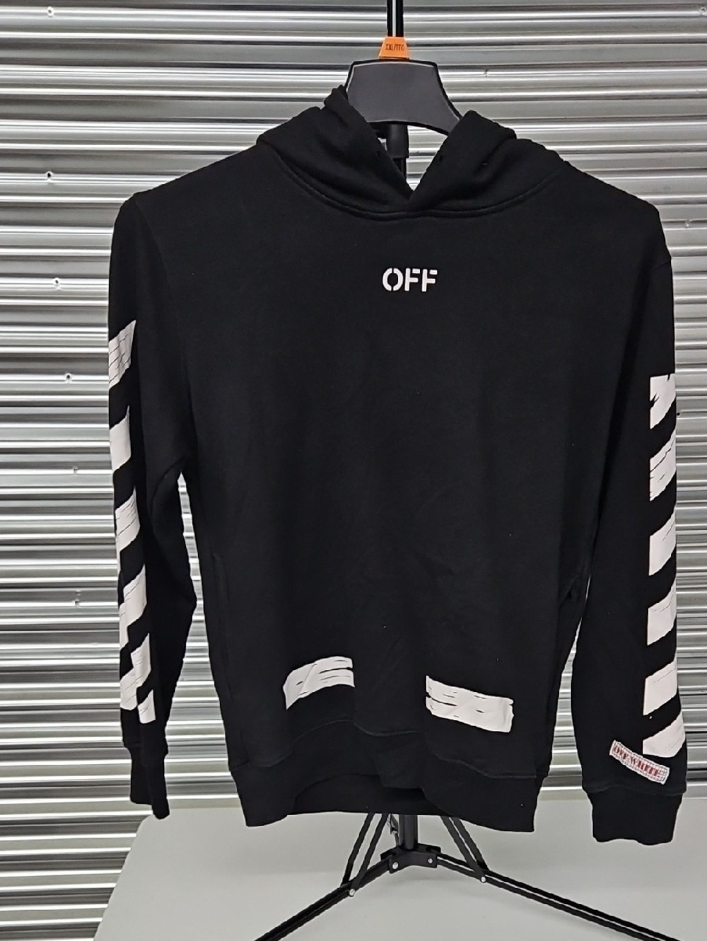 Off-White Black Hoodie with White Diagonal Sleeve Stripes